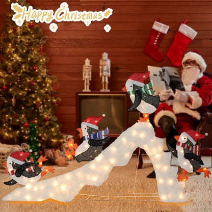7 FT Lighted Christmas Penguin On Slide, Pre‑Lit Outdoor Yard Decor - size: 51''*82.68''