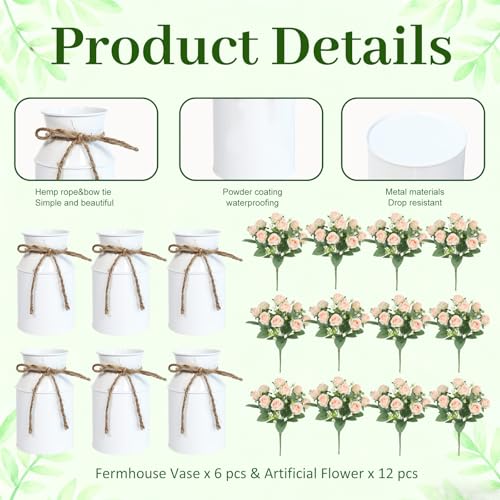 Artificial Rose Centerpiece with Metal Vase, 6 sets, White & Champagne - color: 6 White Vases & 12 Champaign Roses