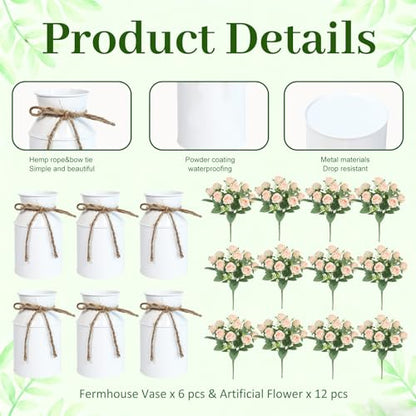 Artificial Rose Centerpiece with Metal Vase, 6 sets, White & Champagne - color: 6 White Vases & 12 Champaign Roses