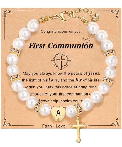 enasal First Communion Gifts for Girls Teens, Initial A-Z Cross Pearl Bracelet for Christian Catholic Daughter Goddaughter - color: Initial-A