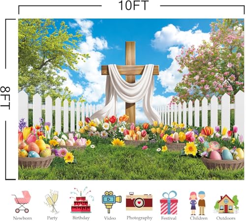 Easter Backdrop He is Risen Backdrop Religious Jesus Cross Photo Background - size: 10x8FT（300x240cm）