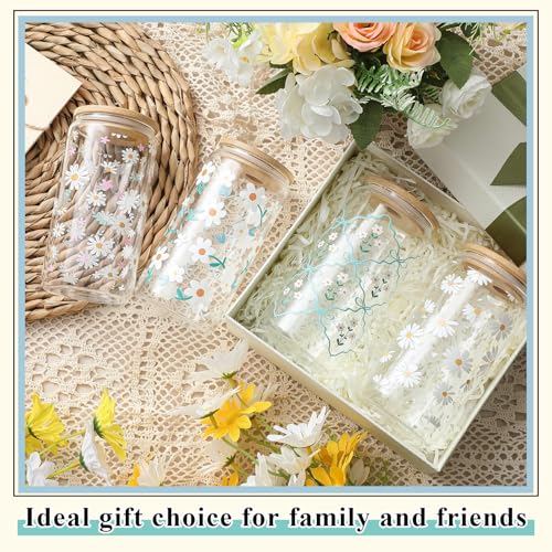 Mumufy 4 Pack Daisy Fresh Glass Cup, 16 oz Tumbler Mug with Bamboo Lid - style: Daisy Fresh