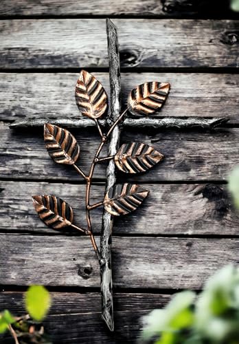12” Metal Wall Mount Cross – Floral Olive Branch – Holy Celtic Garden Crucifix Silver & Copper Finish, Modern Rustic Jesus Art Décor