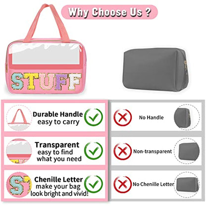 Preppy Clear Stuff Makeup Bags with Chenille Letter Patches, Travel Essentials Large Clear Make up Bag Zipper Pouch with Handle, Waterproof Nylon Cosmetic Toiletry Storage Tote for Women (STUFF-Pink) - color: STUFF-Pink