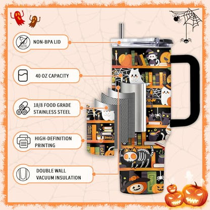 Book Lovers 40oz Tumbler, with Handle Straw, Stainless Steel Cup - color: Halloween