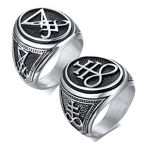 VNOX Sigil of Lucifer Seal of Satan Symbol Signet Ring Band for Men Boys,Talisman Amulet Jewelry - color: *Sliver-2 Pcs