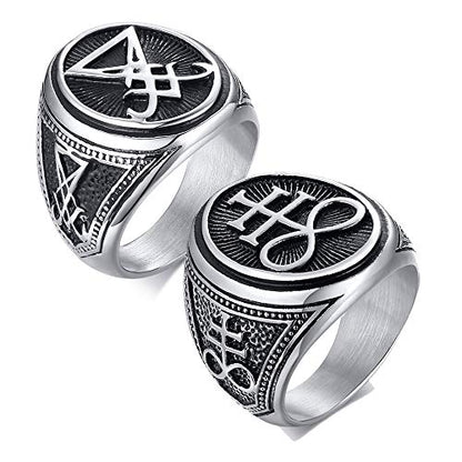 VNOX Sigil of Lucifer Seal of Satan Symbol Signet Ring Band for Men Boys,Talisman Amulet Jewelry - color: *Sliver-2 Pcs