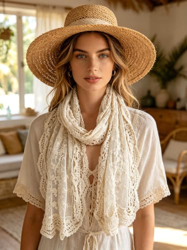 GERINLY Fashion Scarves for Women Lightweight Lace Printed Scarf Shawl Wrap - color: O-beige