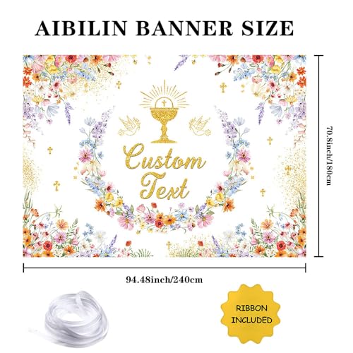 AIBIIN 8x6ft Wildflower First Holy Communion Custom Backdrop Mi Primera Comunión Personalized Party Banner Elegant Floral Baptism Background Gold Chalice Cross Party Decoration - color: Wlidflower Custom, size: 8x6ft