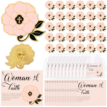 32 Pcs Christian Woman of Faith Pins Gifts - Religious Cross Flower Brooch with Cards Bulk for Church Mothers Day
