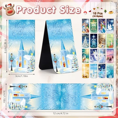 JSRQT 16Pcs Christmas Religious Magnetic Bookmarks, Larger Double-Sided Christian Bookmark for Women Man, Jesus Birth Bible Magnet Page Marker Bookmarks Page Clip for Book Lovers, 6×3 CM, 16 Style