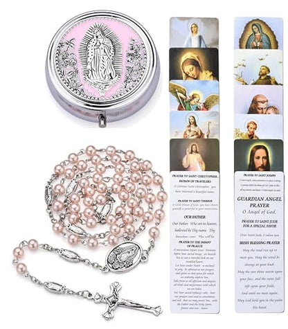 Guadalupe Rosary Beads for Women with Metal Box and 18pcs Holy - color: Pink