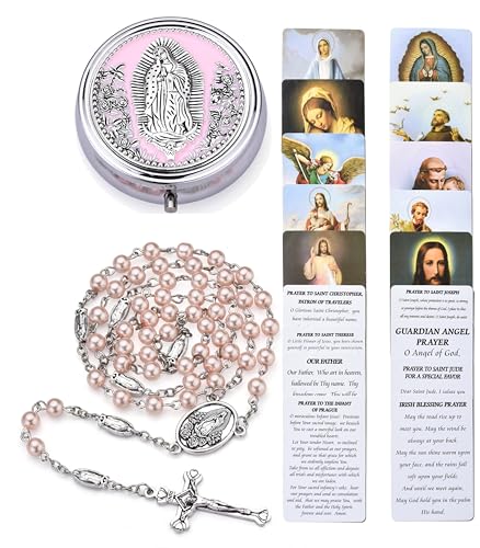 Guadalupe Rosary Beads for Women with Metal Box and 18pcs Holy - color: Pink