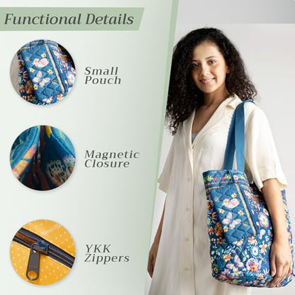 Maison d' Hermine Shopping Bags Cotton Quilted Tote Bag with Zipper Pockets - color: 005 - Happy Florals - Blue