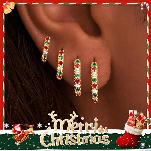 Small Gold Huggie Hoop Earrings Set for Women Men Hypoallergenic 14K Plated Stack Cartilage Earrings, Sterling Silver Multiple Piercing Lightweight Mini Thin Cute Dainty Trendy Jewelry Gifts for Women - color: Gold-Christmas