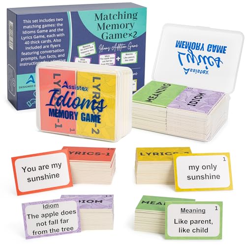 Assistex 2 in 1 Matching Memory Card Games for Seniors - Brain Game for Dementia Patients - Adult Memory Game for Seniors - Lyric and Idiom Cards for Alzheimer and Dementia Patients, 40 Cards Each - style: Memory Edition