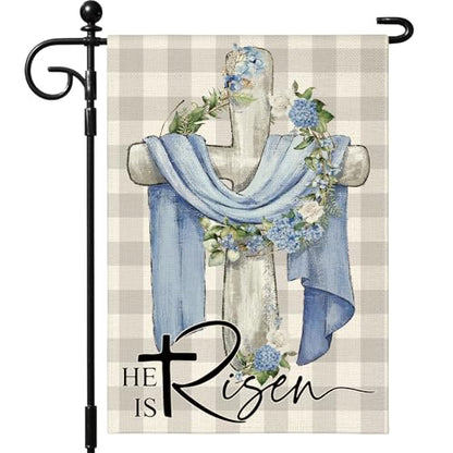 Artscope He Is Risen Easter Garden Flag 12x18 Inch Double Sided for Outside, Christian Cross Wreath Sign Garden Flag for Holiday Yard Outdoor Decoration