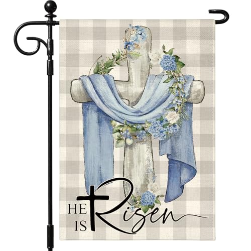Artscope He Is Risen Easter Garden Flag 12x18 Inch Double Sided for Outside, Christian Cross Wreath Sign Garden Flag for Holiday Yard Outdoor Decoration