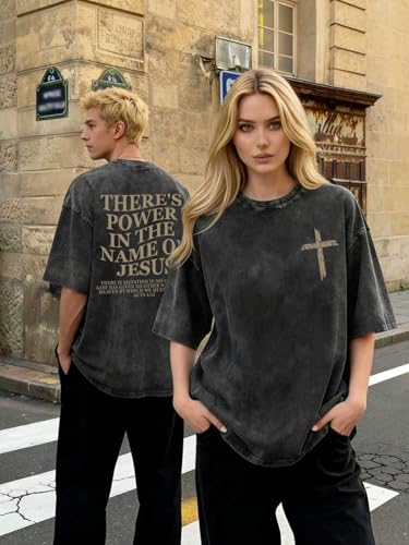 Christian Shirt for Men Jesus Loves You Shirt Oversized Acid Wash Tops - color: Darkgrey-b, size: Small