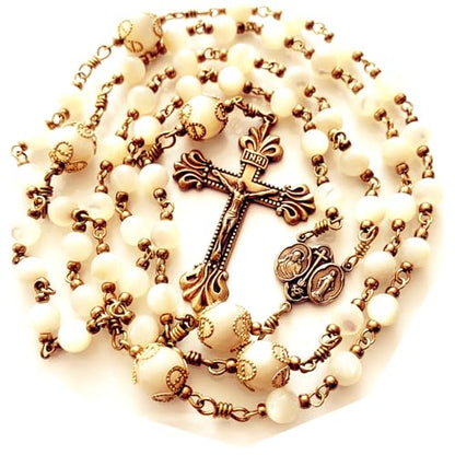 elegantmedical HANDMADE COPPER CATHOLIC ROSARY Moonlight Mother of Pearl Beads necklace Crucifix Cross gift box Gift