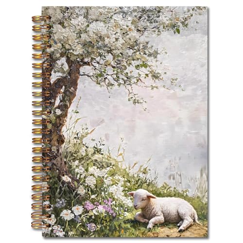 Exqcom Vintage Neutral Easter Lamb Spiral Notebook, Spring Landscape Sleeping Lamb Journal Gifts for Women, Easter Floral Hardcover Notebook Journal Office School Supplies, 5.5x8.3 - color: white Bible Notebook-U