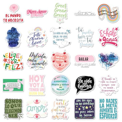50Pcs Spanish Motivational Stickers, Waterproof Inspirational Positive Affirmation Vinyl Aesthetic Decals for Water Bottle, Laptop, Scrapbook, Skateboard, Children, Teenagers, Boys, Girls, Adults - color: Spanish Motivational Stickers-2