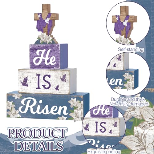 4 Pcs Easter Table Decorations He Is Risen Wooden Table Sign Religious Wood Centerpiece Easter Cross Blocks Farmhouse Tiered Tray Decor for Home Kitchen Shelf Decor(Cross) - style: Cross