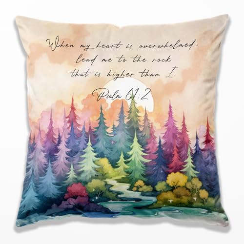 Colorful Forest Christian Pillow Covers 18x18, Christian Room Decor, Psalm 61:2 Bible Verse Scripture Watercolor Forest Sun Decorative Throw Pillow Covers for Home Bedroom Living Room