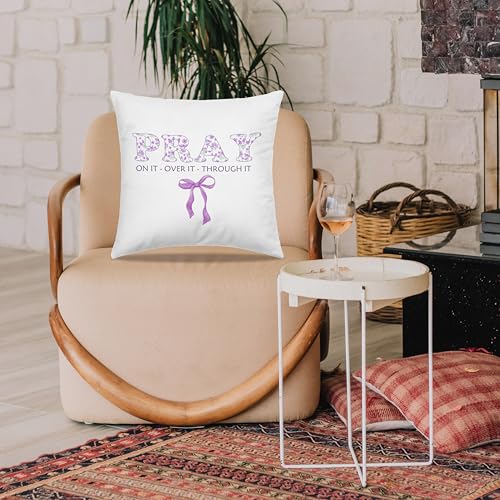 Dibor Purple Christian Throw Pillow Covers 18x18 in, Preppy Purple Bow Pray On Over Through It Bible Verse Decorative Couch Cushion Covers, Christian Gifts for Women, Pillow Case for Girls Room - color: Pray