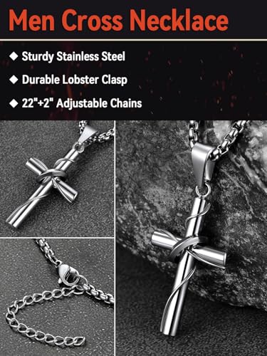 FaithHeart Stainless Steel Cross Necklace for Men, Silver/Black/Gold Cross Chains for Men Religious Amulet Necklaces Christian Gifts for Dad - style: Wrap Cross-Silver