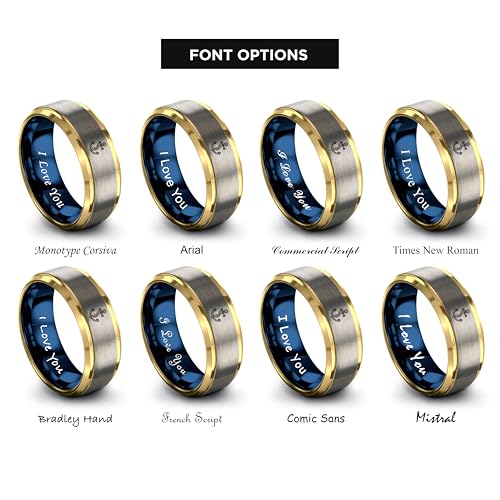 Gift for Nautical Fan - Anchor With Rope Ring - Men Women - Tungsten - Flat Dome Bevel - Band - Yellow Gold Black Silver Blue - Anniversary Wedding - 8mm - Brushed Polished - Personalized Custom Engra - color: 09 - Yellow Gold Blue Grey Tungsten