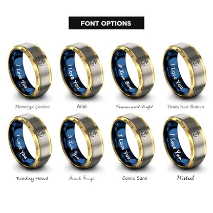Gift for Nautical Fan - Anchor With Rope Ring - Men Women - Tungsten - Flat Dome Bevel - Band - Yellow Gold Black Silver Blue - Anniversary Wedding - 8mm - Brushed Polished - Personalized Custom Engra - color: 09 - Yellow Gold Blue Grey Tungsten