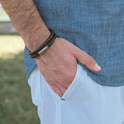 globi Leather Bracelet For Men | Genuine Wrap Braided Leather Cuff Bangle Bracelet with Magnetic Stainless Steel Clasp For Men/Women - color: Brown