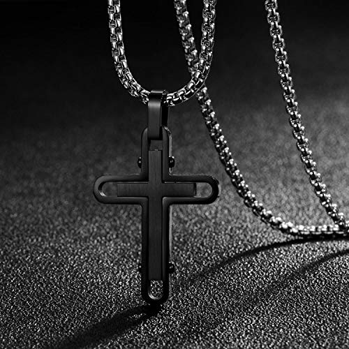 Holizaly Men's Cross Necklace 316L Stainless Steel Pendant White/Gold/Black/Blue Rolo Chain-Gift Box Included - color: Black-A
