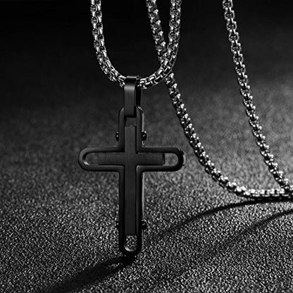 Holizaly Men's Cross Necklace 316L Stainless Steel Pendant White/Gold/Black/Blue Rolo Chain-Gift Box Included - color: Black-A