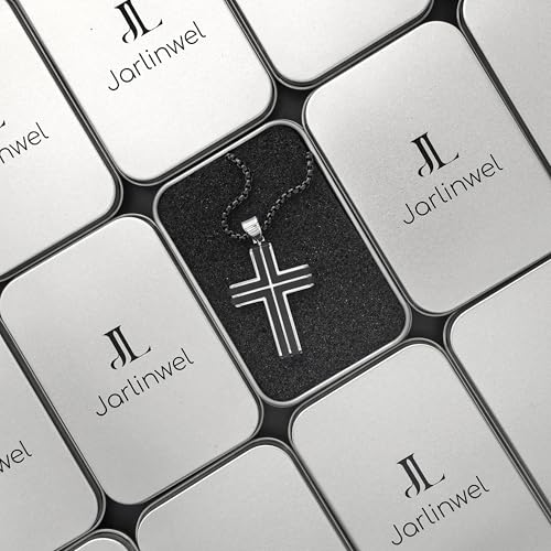 Wooden Cross Necklace for Men, Natural Ebony Mens Cross Necklaces Black Stainless Steel Christian Wood Crucifix Pendant，with Necklace 24" Box Chain - color: Silver-Inlaid Ebony