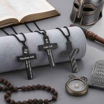 Ecally 8 Pcs Christian Cross Necklace for Men Father Religious Black Silver Stainless Steel Cross Church Gift USA Flag Chain - color: Black