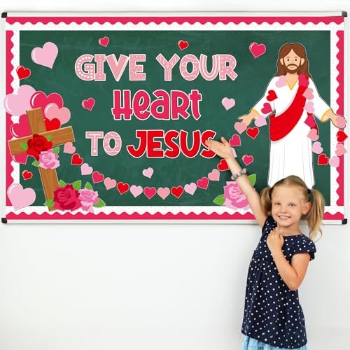 Valentine's Day Jesus Bulletin Board Set Valentines Religious Christian Classroom Decorations Give Your Heart to Jesus Love Heart Rose Cross Paper Cutouts for Sunday School Home Chalkboard Wall Decor - style: Valentines Religious