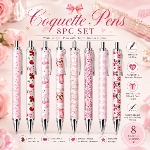 Coquette Pens 8PC Set Pink Stationery Office Supplies School Supply Cute Aesthetic Gel Pen Fancy Bow Beautiful Cherry Themed Birthday Decorations Girly Room Stuff Ribbon Decor Party Favors - style: Coquette
