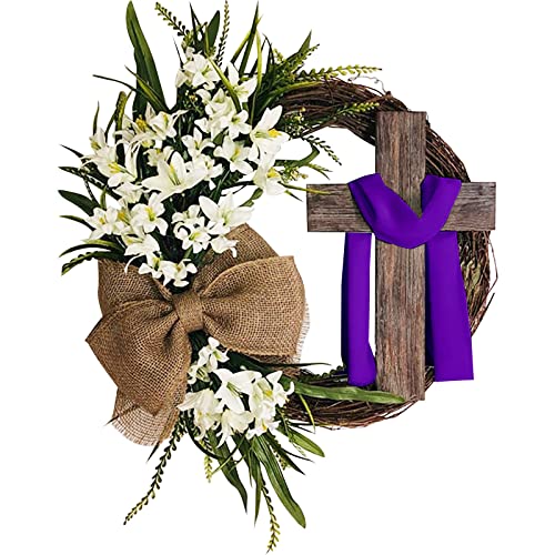 Easter Cross Wreath with Burlap Bow, Spring Wreath for Front Door, Easter Wreath Door Sign Hanging Decorations Wooden Jesus Hanger for Farmhouse Home Patio Porch Wall Christian Gift (Purple) - color: Purple