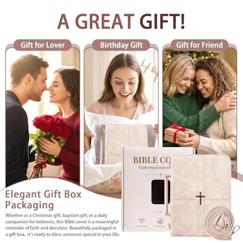 Classic Leather Bible Cover Case with Cross Design and Handle & Shoulder Strap for Women, Durable Bible Study Supplies Organizer Carrying Bag, Christmas Gifts for Christians with Gift Box（Pink - color: Pink( With Strap)