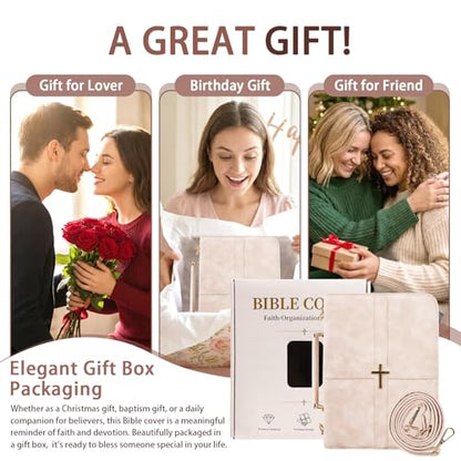 Classic Leather Bible Cover Case with Cross Design and Handle & Shoulder Strap for Women, Durable Bible Study Supplies Organizer Carrying Bag, Christmas Gifts for Christians with Gift Box（Pink - color: Pink( With Strap)