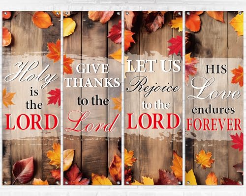 4Pcs Church Banners for Sanctuary Wall Welcome Inspirational Religious Banners Hanging Backdrop Fall Wood Board Maple Leaves Church Scripture Bible Verses Banner for Thanksgiving Holiday School Decor - style: Gray Fall Wood