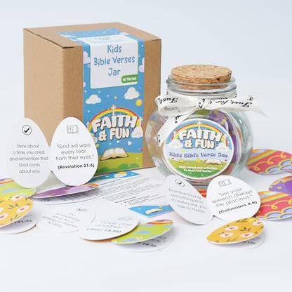 Kids Bible Verse Jar, Easter Basket Stuffers for Kids & Teens, Christian Easter Gifts for Girls Boys, 40 Bible Verse Cards, Faith Easter Gifts for Kids, Baby Easter Basket Stuffers, Religious Gift - color: Kids Bible Verses Jar