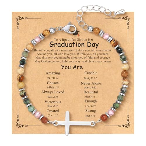 2026 Graduation Bracelet for Her, Natural Stone Beads Cross Charm Bracelet, Adjustable Cross Bracelet with Meaningful Card, Grad Bracelets Class of 2026 Middle High School College Graduation Gifts