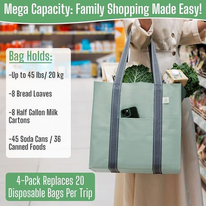 VENO 4 Pack Large Grocery Bag Reusable Shopping Bags with Hard Bottom - color: Light Green