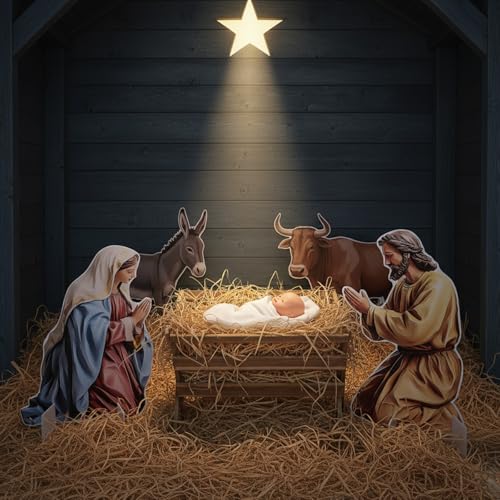 Chunful 10 Pcs Large Nativity Scene Set 19 Inch Wooden Manger Baby Jesus Holy Family with Light Nacimiento De Jesus Decor Traditional Religious Christmas Indoor Outdoor Decoration
