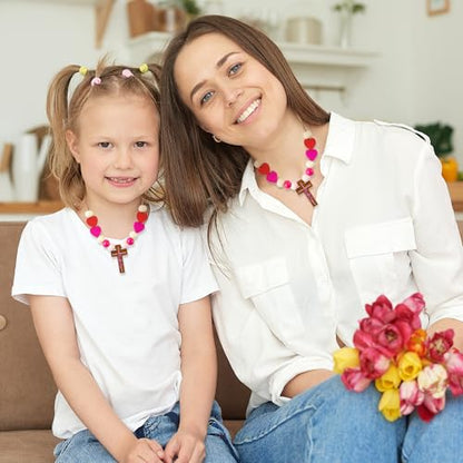 BeYumi Mother's Day Necklace Craft - 24Pcs Mother's Day DIY Wooden Cross Beads Necklace Craft Kit for Kids to Mom Gift Christian Religious Decor Family Sunday School Classroom Party Fun Activities - style: Mom