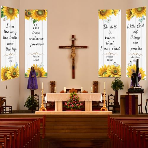 4Pcs Church Banners for Sanctuary Wall Welcome Religious Banners Hanging Backdrop Scripture Inspirational Praise Signs Bible Verses Banner Scripture Hanging Signs for Church School Decor(Sunflower) - style: Sunflower Worship Christian