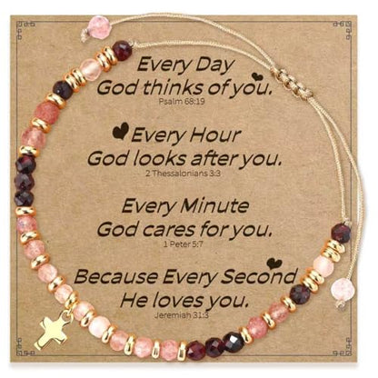 Christian Gifts for Women, Cross Bracelet, Natural Stone Beaded Jewelry - color: Pink